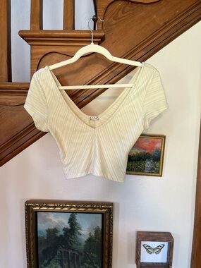 Free People Cream Ribbed V-Neck Crop Tee